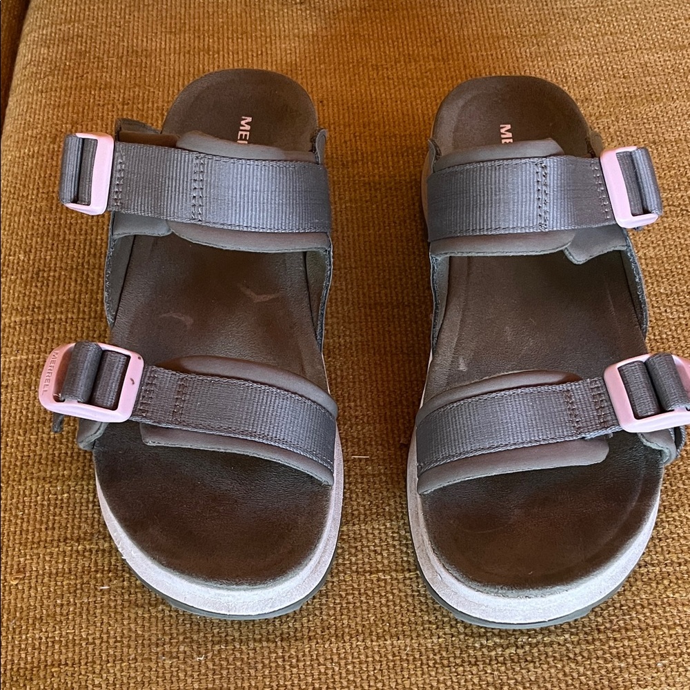 Merrell Green Sandals with Pink Buckles